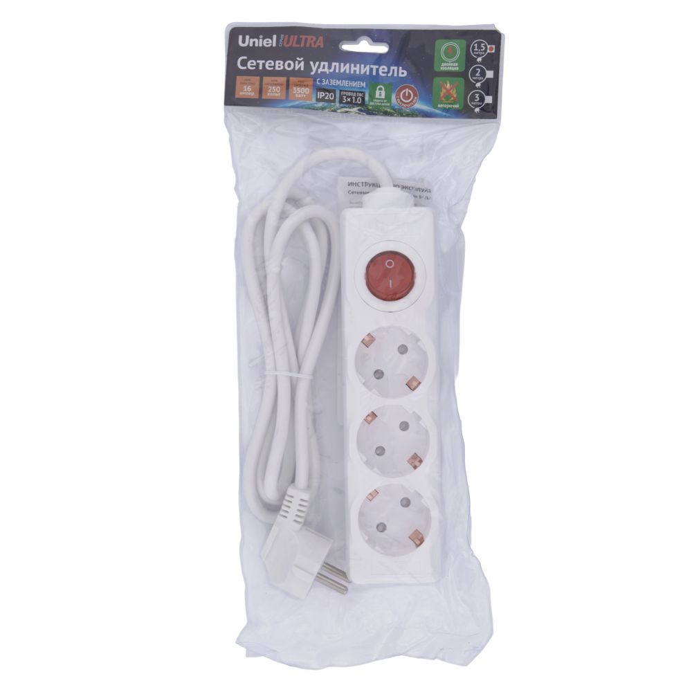 S-GCU3-1.5B WHITE Удлинитель серии Ultra. шнур 1.5м.. 3 гнезда. 16A. с-з. Белый. TM Uniel