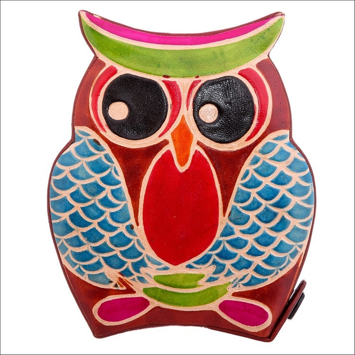 Копилка под мелочь коричневая, Сова, голубые крылья, натуральная кожа, ручной принт 12x10x3 см.