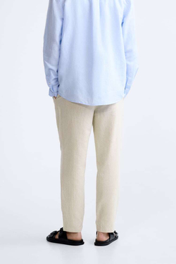 ZARA БРЮКИ ИЗ ХЛОПКА И ЛЬНА, СВЕТЛО-БЕЖЕВЫЙ