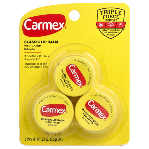 Carmex, классический бальзам для губ, лечебный, 3 баночки по 7,5 г (0,25 унции)