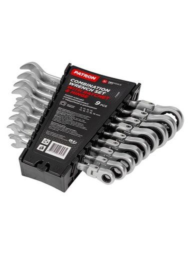 Набор ключей комбинированных трещоточных с шарниром 9пр. (8,10,12,13,14,16,17,18,19мм), в пластиковом держателе PATRON P-51092F