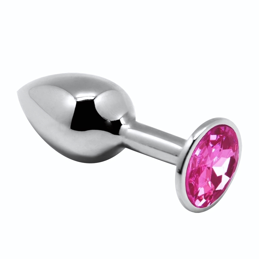 Серебристая анальная втулка Mini Metal Butt Plug Size M с розовым кристаллом (Цвет: серебристый)