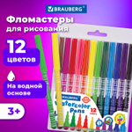 Фломастеры BRAUBERG "PREMIUM" 12 цветов КОРПУС С ПЕЧАТЬЮ вентилируемый колпачок ПВХ-упаковка с европодвесом (6 штук в упаковке)