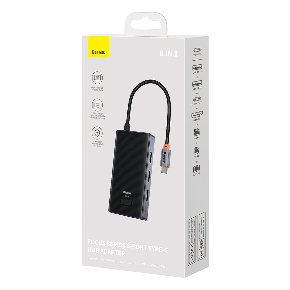 USB-C Хаб PioneerJoy 8-Port (HDMI4K@60Hz + 2xUSB3.0 + USB2.0 +USB-C-PD + RJ45 + SD + TF)