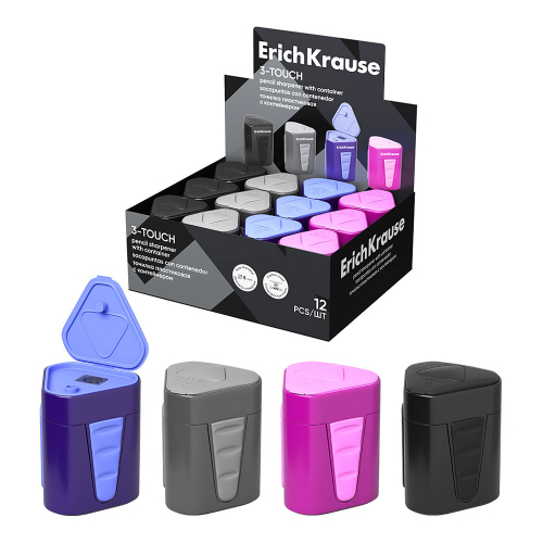 Точилка пластиковая Erich Krause "3-Touch", 1 отверстие, контейнер, ассорти