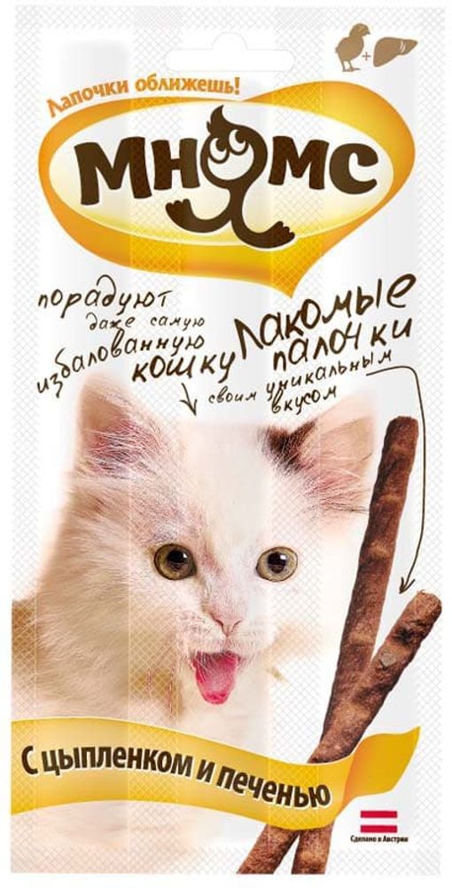 Лакомство для кошек Мнямс лакомые палочки с цыпленком и печенью 13,5 см, 3 х 5 г