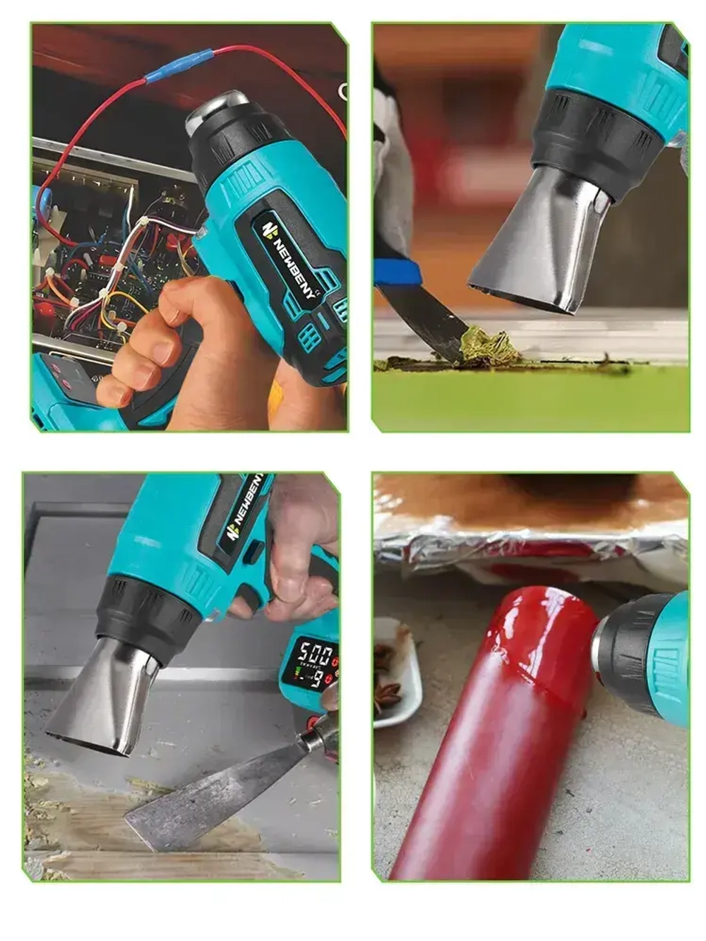 NEWBENY Фен строительный с регулировкой температуры аккумуляторный, с насадками, термофен технический, с 2 батарейками