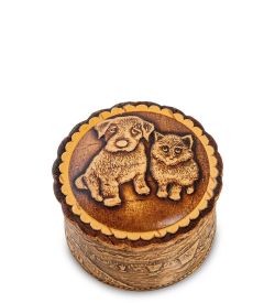Народные промыслы BST-118/ 1 Шкатулка «Кошка с собакой» мал. (береста)