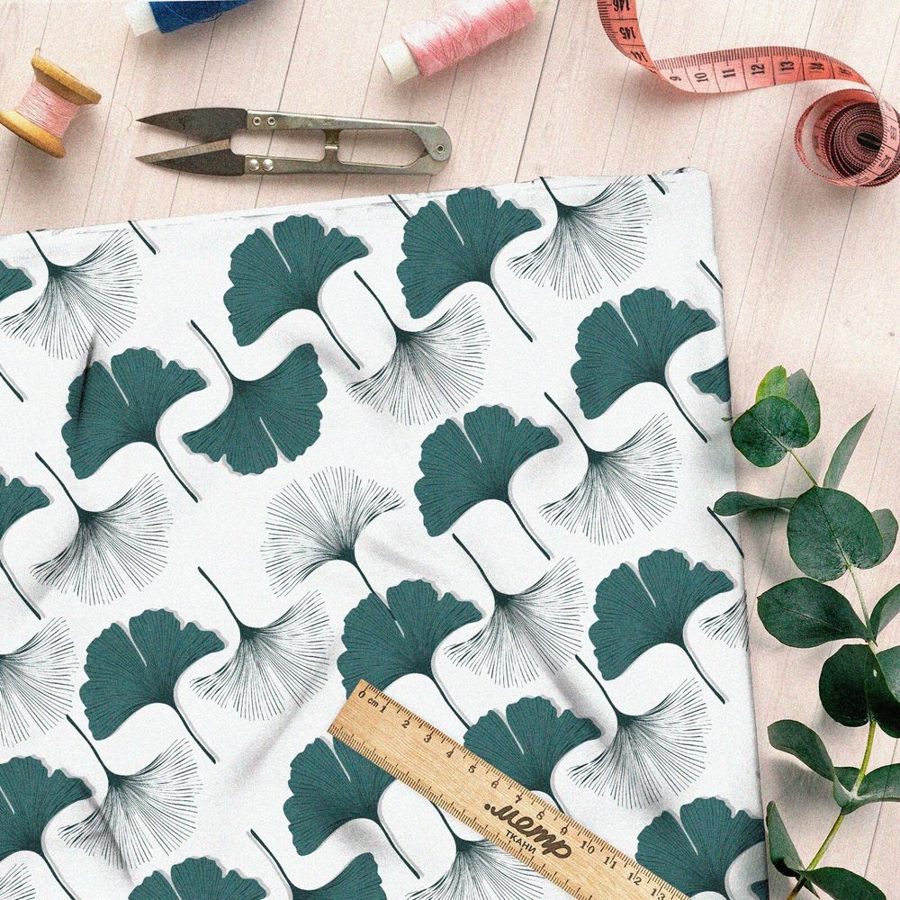 Ткань муслин белые и зеленые листья