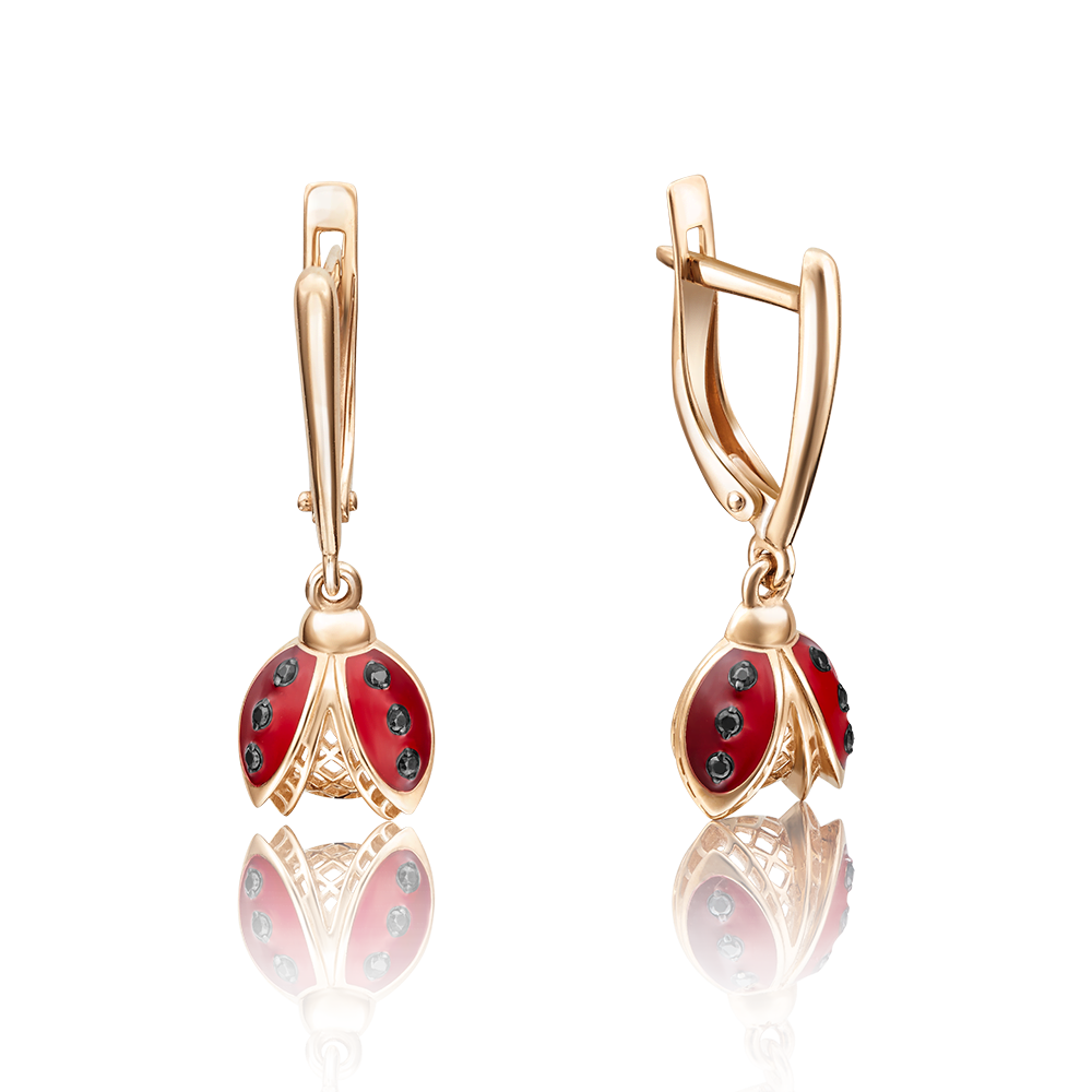 Серьги «Божьи коровки» с английским замком из красного золота с фианитами и эмалью