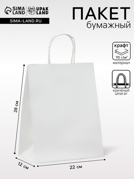 Пакет крафт без печати, белый, круглая ручка 22×12×28 см, 2682918, Россия