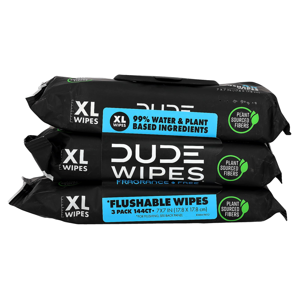 Dude Products, Flushable Wipes, XL, Fragrance Free , 3 Pack, 48 Wipes Each