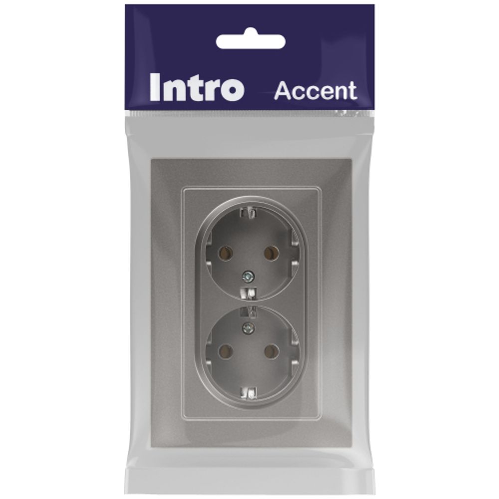 Розетка Intro Accent 6-205-09 двойная с заземлением двойная 2X2P+E Schuko 16А-250В IP20 СУ AL/CU титан | Intro