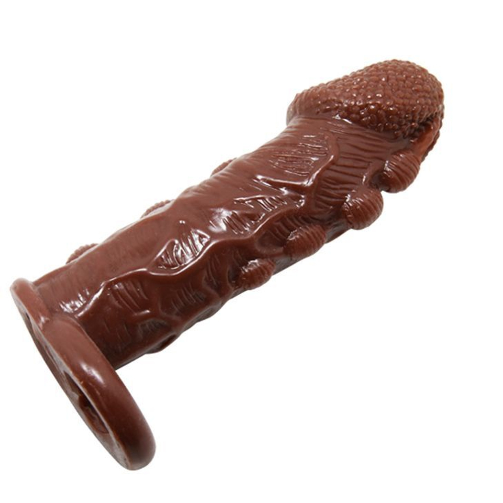 Коричневая насадка с подхватом мошонки и наростами - 14 см. (Цвет: коричневый)