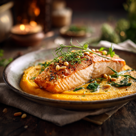 Лосось с тыквенным пюре и кедровыми орехами — уютный ужин дома