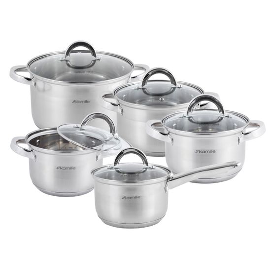 Набор посуды 10 предметов Kamille КМ-5633S из нержавеющей стали (ковш 1,8 л; кастрюли 1,8 л; 2,5 л; 3,8 л; 5,8 л)