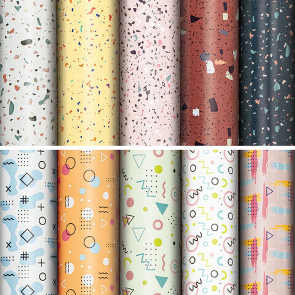 Бумага упаковочная подарочная мелованная "Terrazzo&Memphis", 70х100 см, 10 дизайнов ассорти, ЗОЛОТАЯ СКАЗКА, 592054, 1шт