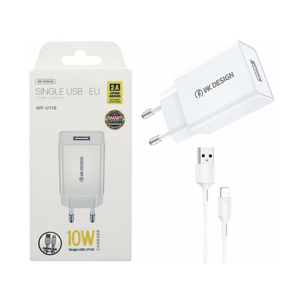 Сетевое зарядное устройство WK Design WP-U118i 1xUSB-A, 2А + USB кабель Lightning, 1м, белый