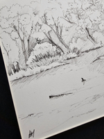 Картина, графика в паспарту 21х30 см на стену для интерьера "Берег реки Осетр"