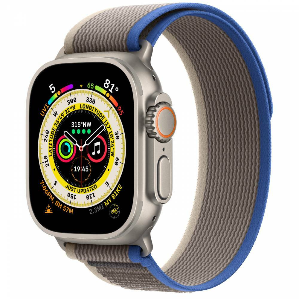 Apple Watch Ultra, 49 мм, корпус из титана, ремешок Trail цвета «синий/серый»