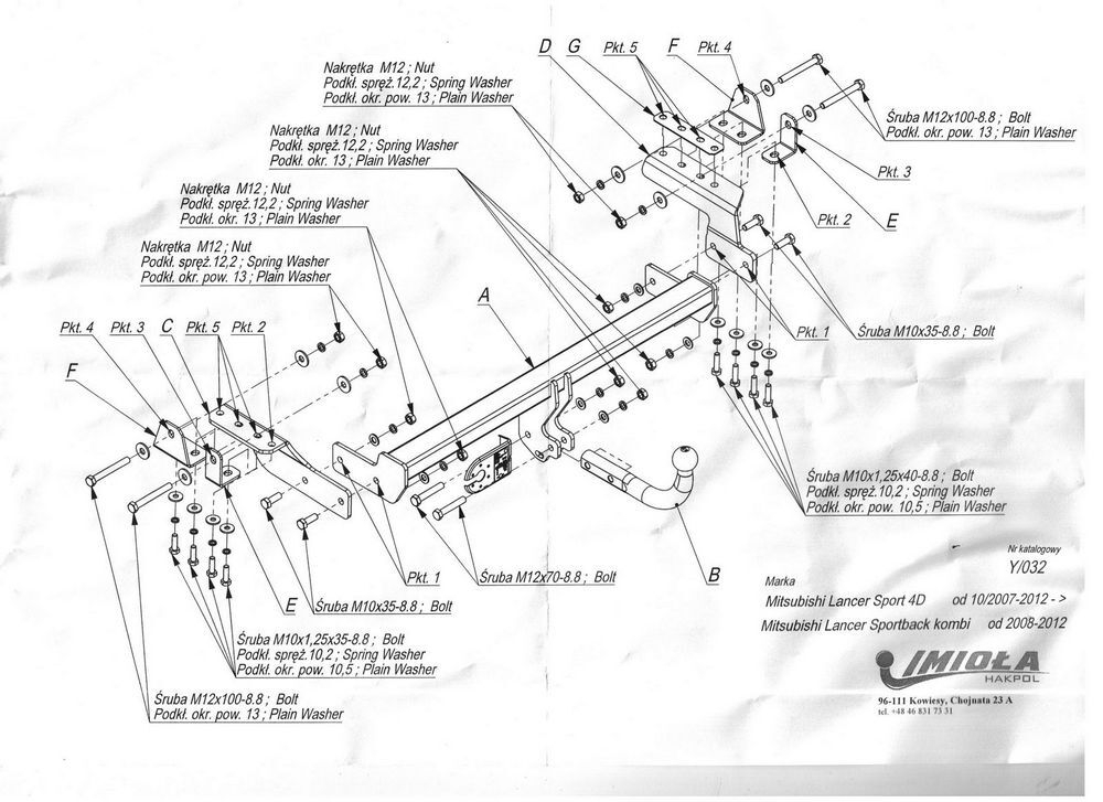 Фаркоп IMIOLA Y.032 для Mitsubishi Lancer X седан/хетчбек/универсал 2007-2012(паспорт и сертификат в комплекте)(без электрики)