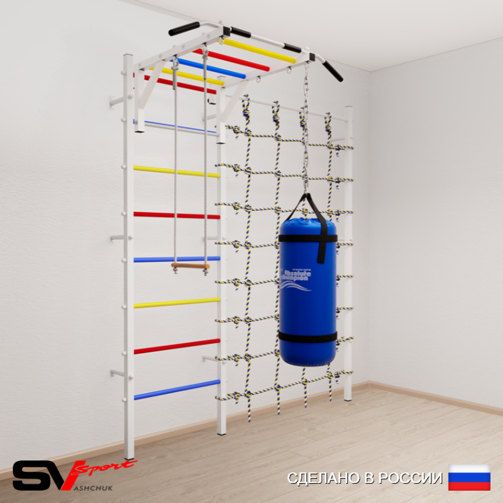 Шведская стенка Sv Sport 53210 (Турник рукоход/Трапеция/Цепь/Мешок 15кг/Канатный лаз)