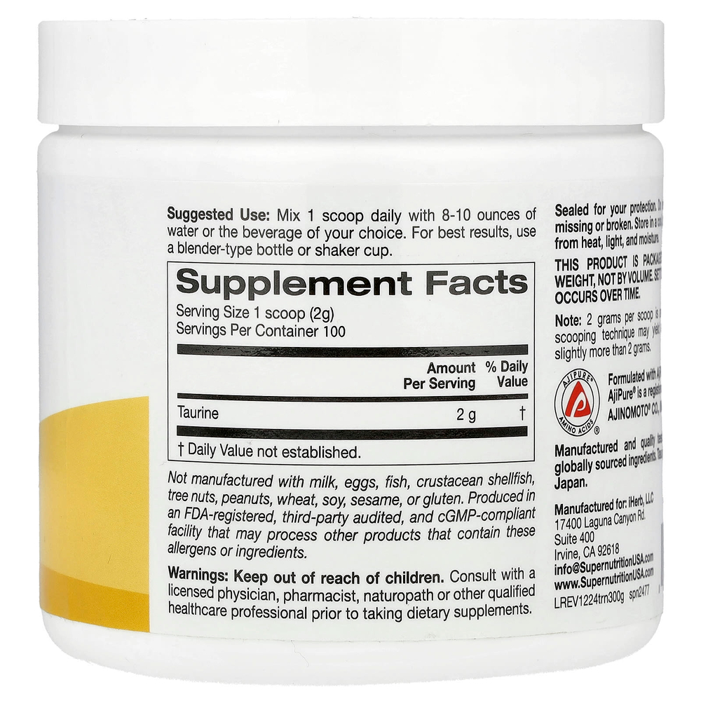 Super Nutrition, таурин, без добавок, 200 г (7,05 унции)