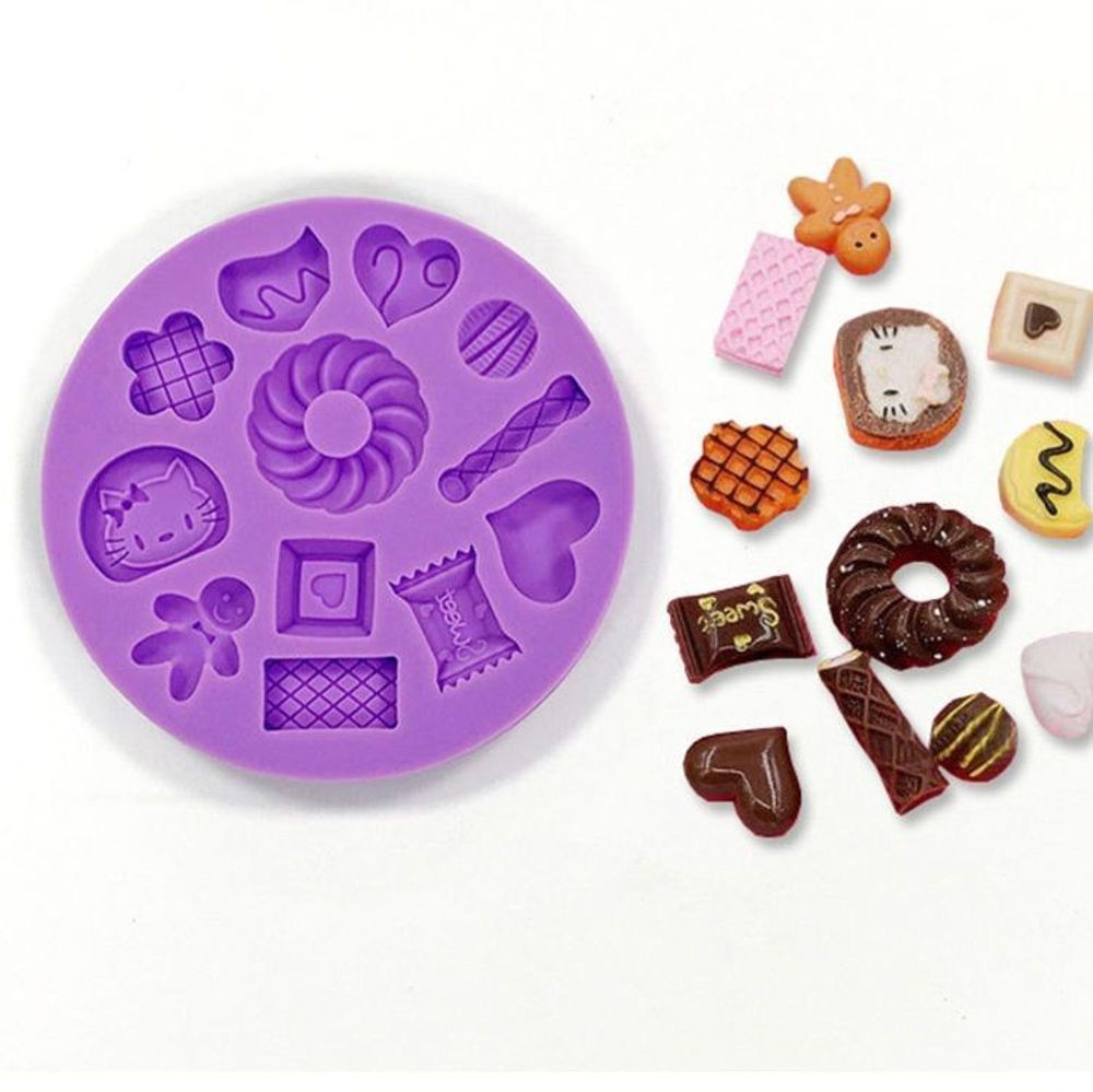 Молд силиконовый для лепки сладостей для ватной игрушки и кукол "Hello Kitty" диаметр 9 см/ Форма для полимерной глины "сладости, печенье, китти, имбирный человечек"