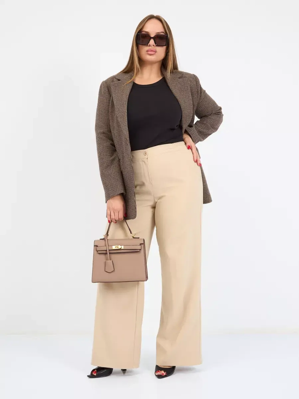 Брюки палаццо женские классические бежевые широкие резинка