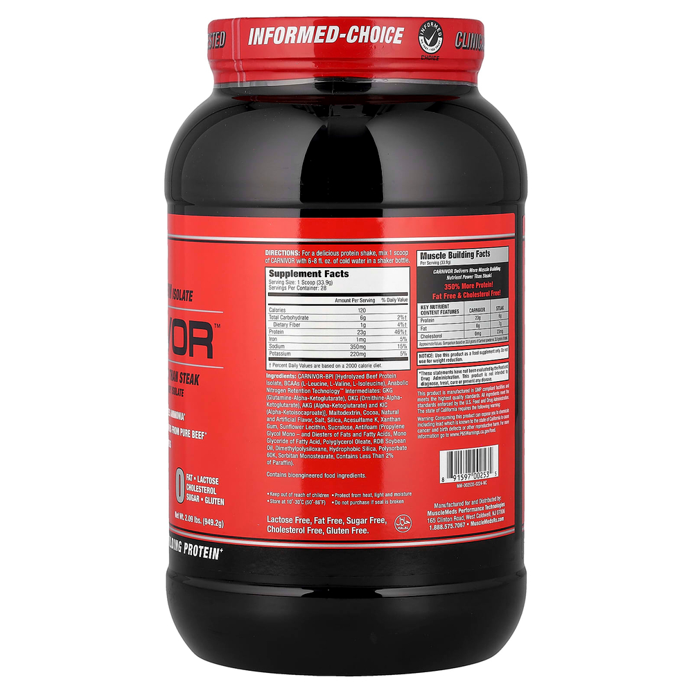 MuscleMeds, Carnivor™, гидролизованный изолят говяжьего протеина, со вкусом шоколада, 949,2 г (2,09 фунта)