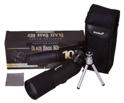 Комплект поставки подзорной трубы Levenhuk Blaze BASE 60F: штатив, футляр, салфетка, коробка