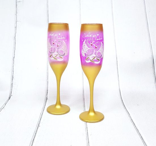 Свадебные бокалы , золото с темно-розовым, Совет да любовь, марганец