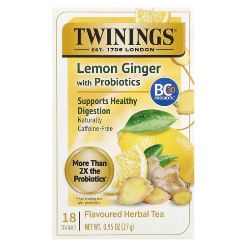 Twinings, ароматизированный травяной чай, лимон и имбирь с пробиотиками, без кофеина, 18 чайных пакетиков, 27 г (0,95 унции)