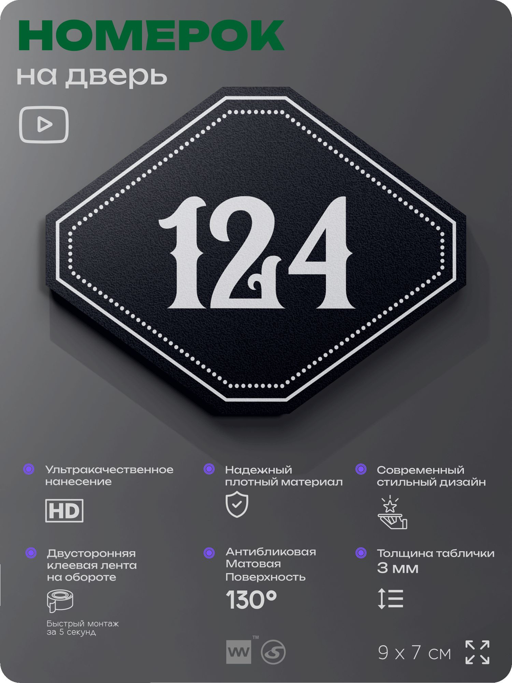 Номерок на дверь квартиры 124, для кабинета, офиса, шильдик 9 х 7 см, черный, Айдентика Технолоджи