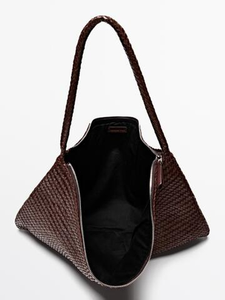 Massimo Dutti Большая плетеная сумка-саквояж из кожи наппа, бургунди