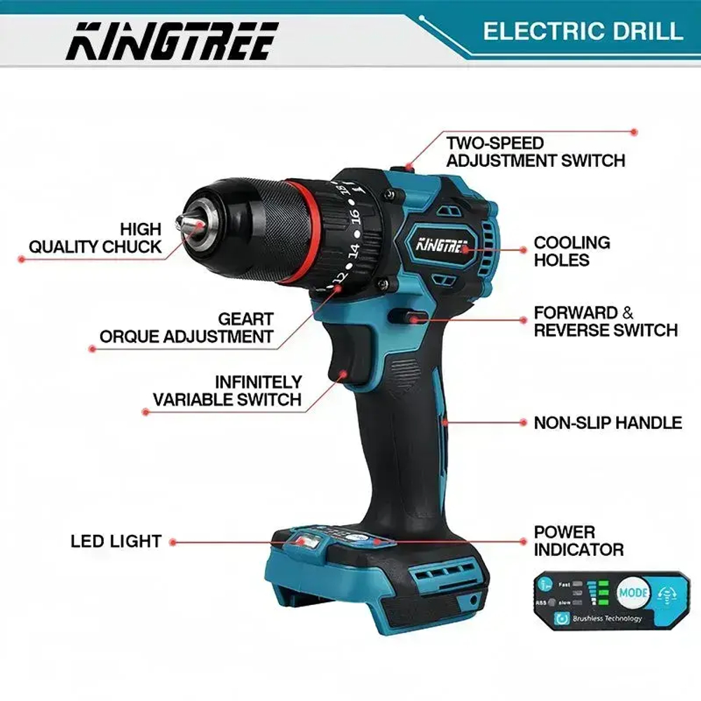 KingTree Home Tools Дрель-шуруповерт, 18 В, 100 Нм,