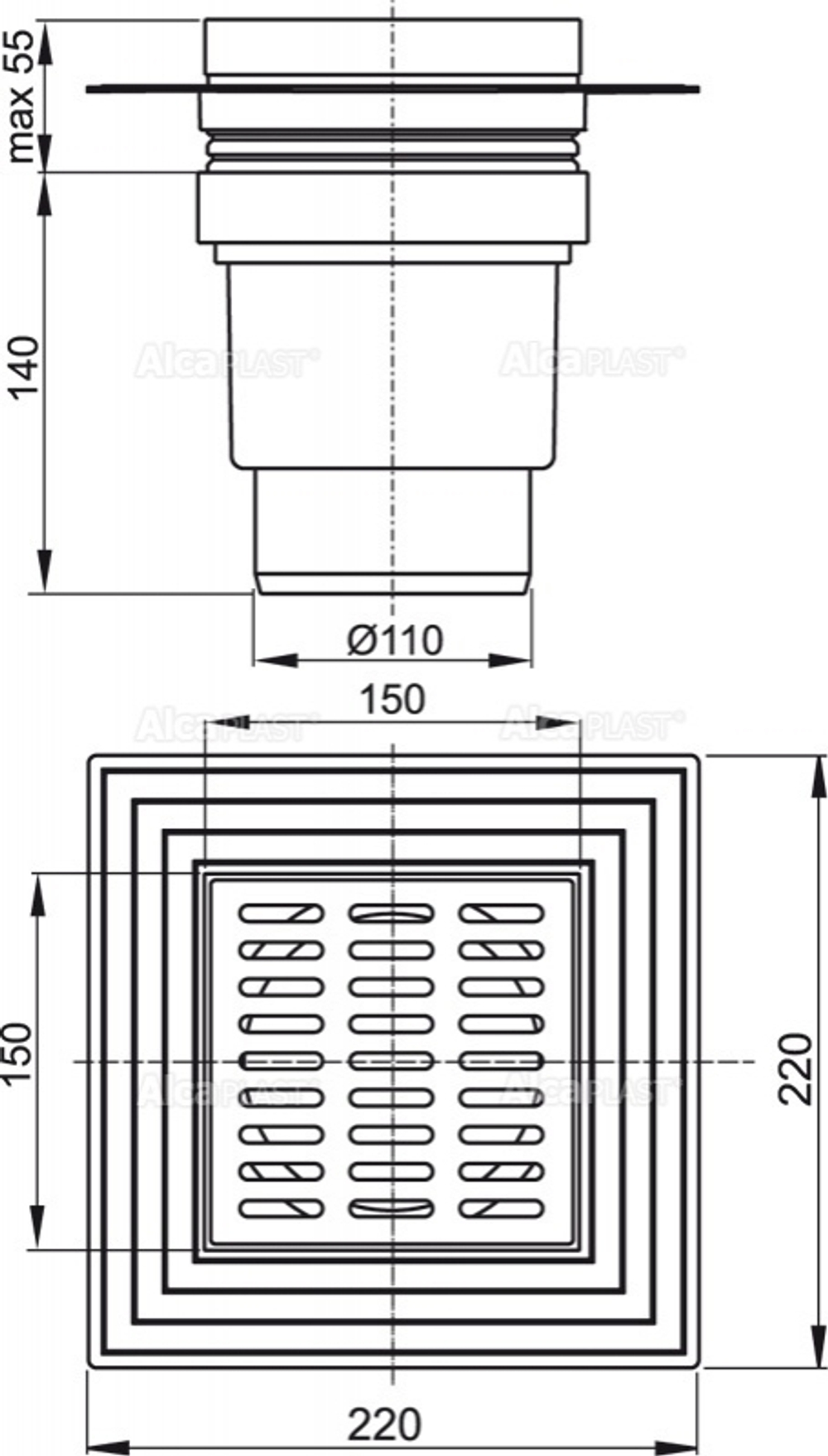 Сливной трап AlcaPlast APV11 150 x 150/110