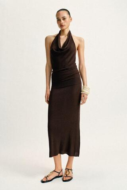 ZARA ЮБКА МИДИ В РУБЧИК С БЛЕСТЯЩЕЙ НИТЬЮ, КОРИЧНЕВЫЙ