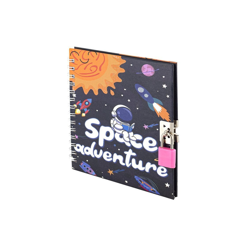 Блокнот 13,0 см * 13,5 см , гребень, Alingar, ламинация, глиттер, замочек, 50 л., линия "Космос, солнце"