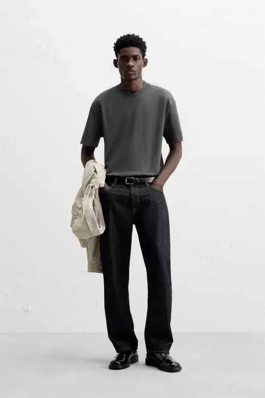 ZARA ФУТБОЛКА REGULAR FIT INTERLOCK, ТЕМНО-СЕРЫЙ