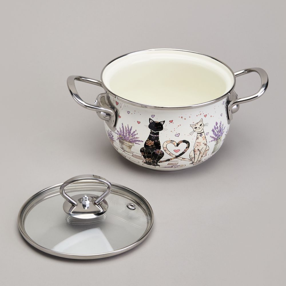 КАСТРЮЛЯ AGNESS ЭМАЛИРОВАННАЯ СО СТЕКЛЯННОЙ КРЫШКОЙ СЕРИЯ "LAVENDER CATS", 1,5 Л ДИА. 16СМ