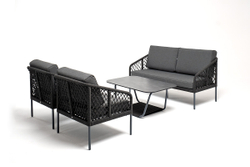 "Канны" диван 2-местный плетеный из роупа (узелки), каркас алюминий темно-серый (RAL7024) муар, роуп темно-серый круглый, ткань темно-серая 027