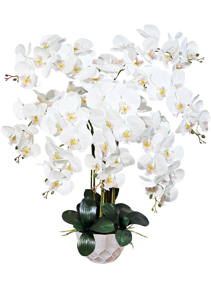 Искусственные Орхидеи белые Люкс 7 веток 75 см в сером кашпо