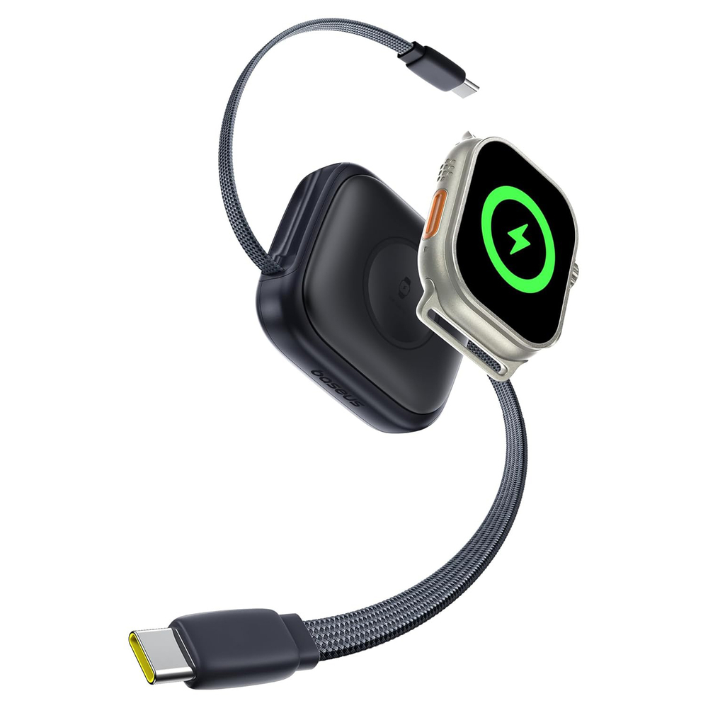 USB-C Кабель Multi-Function Retractable Fast Charging Cable USB-C to USB-C + with Built-in Apple Watch Wireless Charger 100W 0.9m - Midnight Black