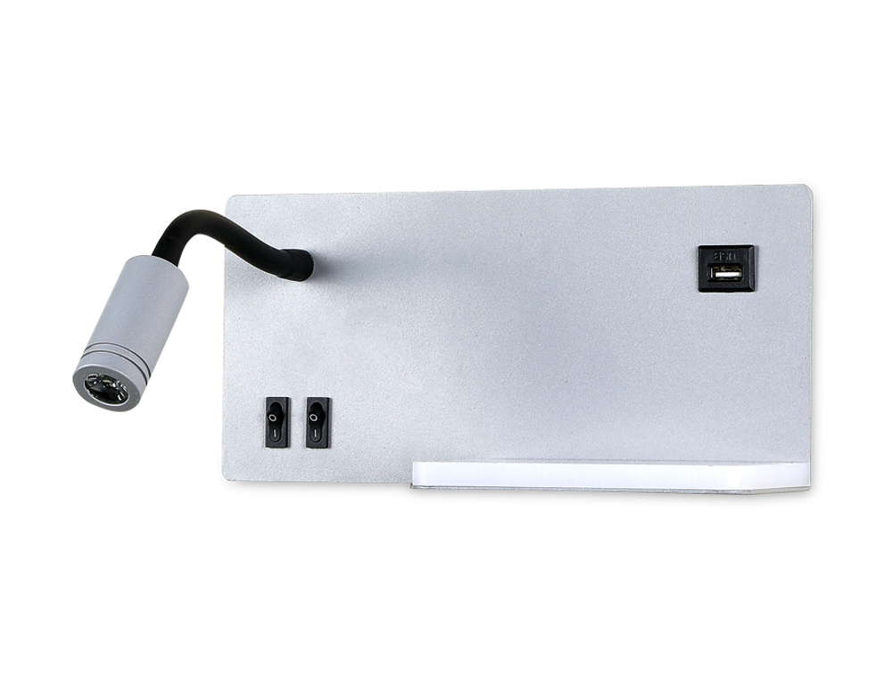 Настенный светодиодный светильник с полкой, выключателем и USB портом FW292 GR/BK серый/черный LED 4200K 5W+3W 260*150*110