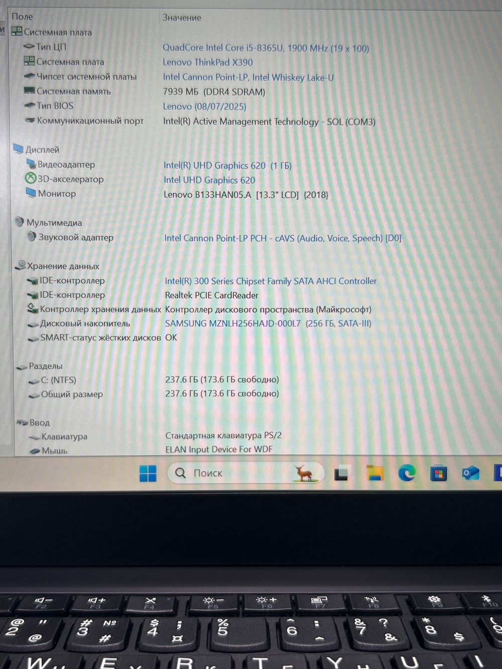 Ноутбук Lenovo ThinkPad X390 (20Q1S3TS1S) 13.3"/Intel core i5-8365U/RAM 8 GB/SSD 256 GB/Intel UHD Graphics 620/ 1920x1080/IPS/Windows 10/Подсветка кл-ры: нет/черный. Состояние: Уценка/царапины на матрице и корпусе