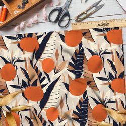 Ткань бифлекс оранжевая абстракция листьев