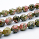 Унакит крупной огранки бусины, размер около 10 мм, цена за 18 шт (1/2 нити)