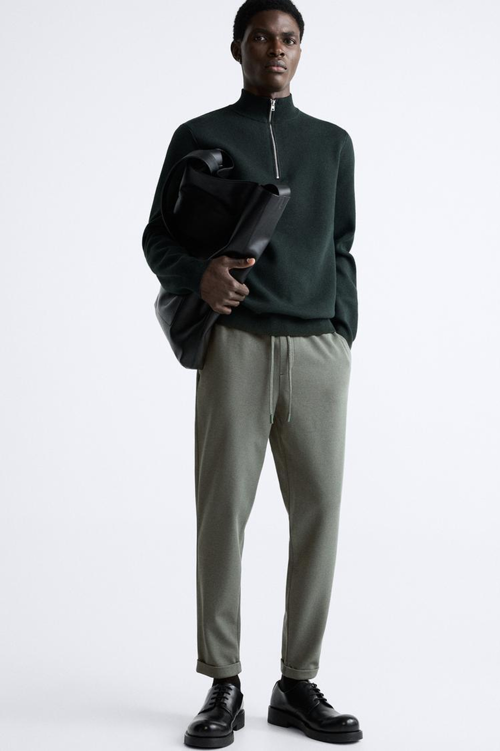 ZARA БРЮКИ EASY CARE С ПОЯСОМ НА ШНУРКЕ, ЗЕЛЕНЫЙ