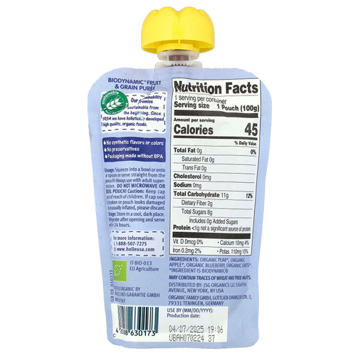 Holle, Органическое пюре из фруктов и злаков, Blue Bird, от 6 месяцев, груша, яблоко и голубика с овсом, 100 г (3,5 унции)